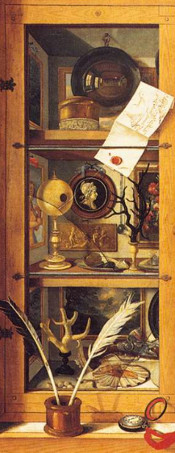 detail from a painting of a curiosity cabinet